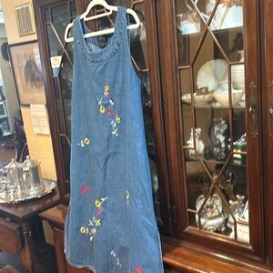 Agape Collection Jean Dress. Sleeveless. No pockets,Adorable embroidered flowers